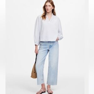 Madewell blue white stripe ruffled popover top blouse size SM new